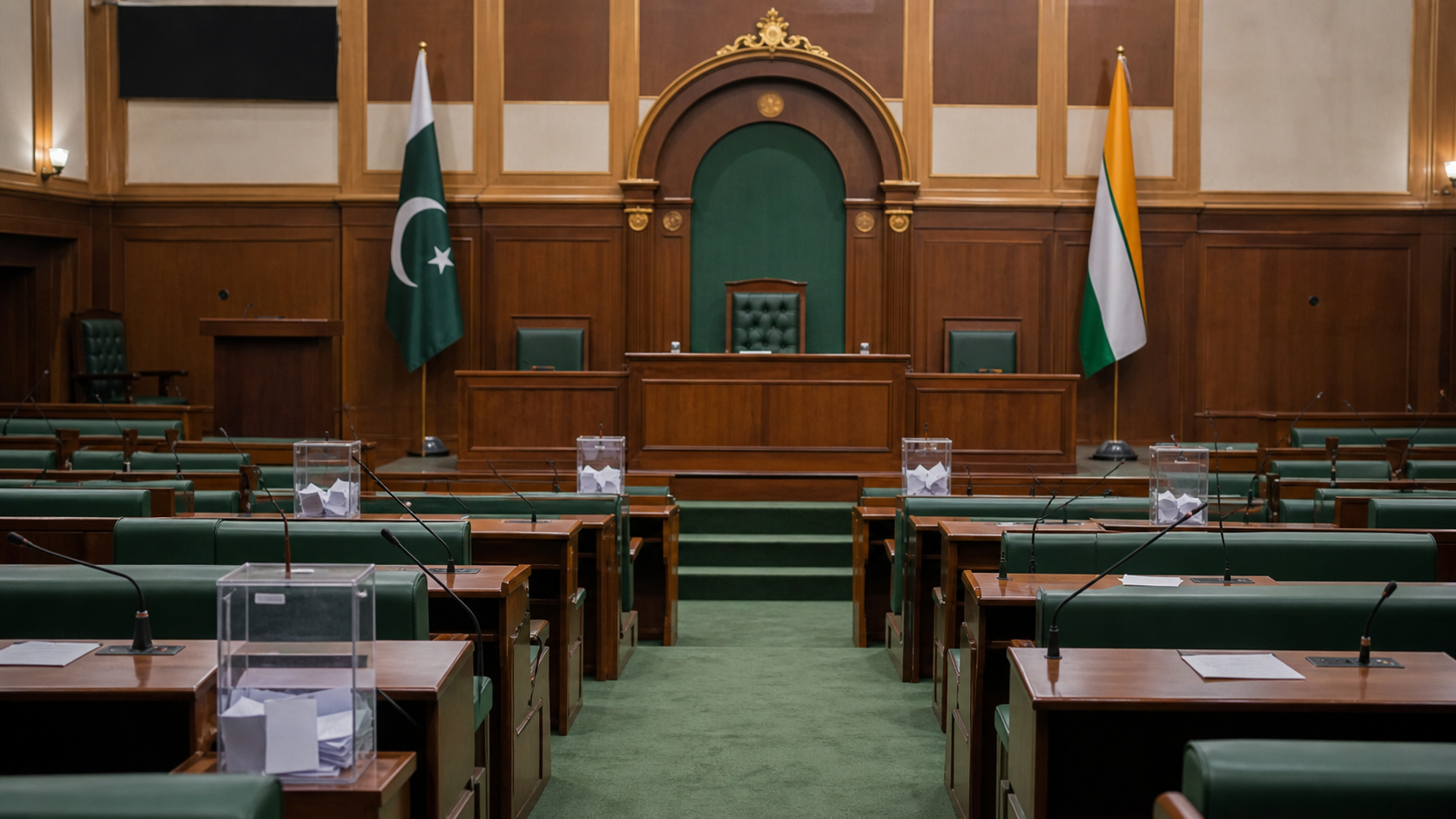 AI-generated editorial image of an AJK assembly chamber prepared for a prime minister vote