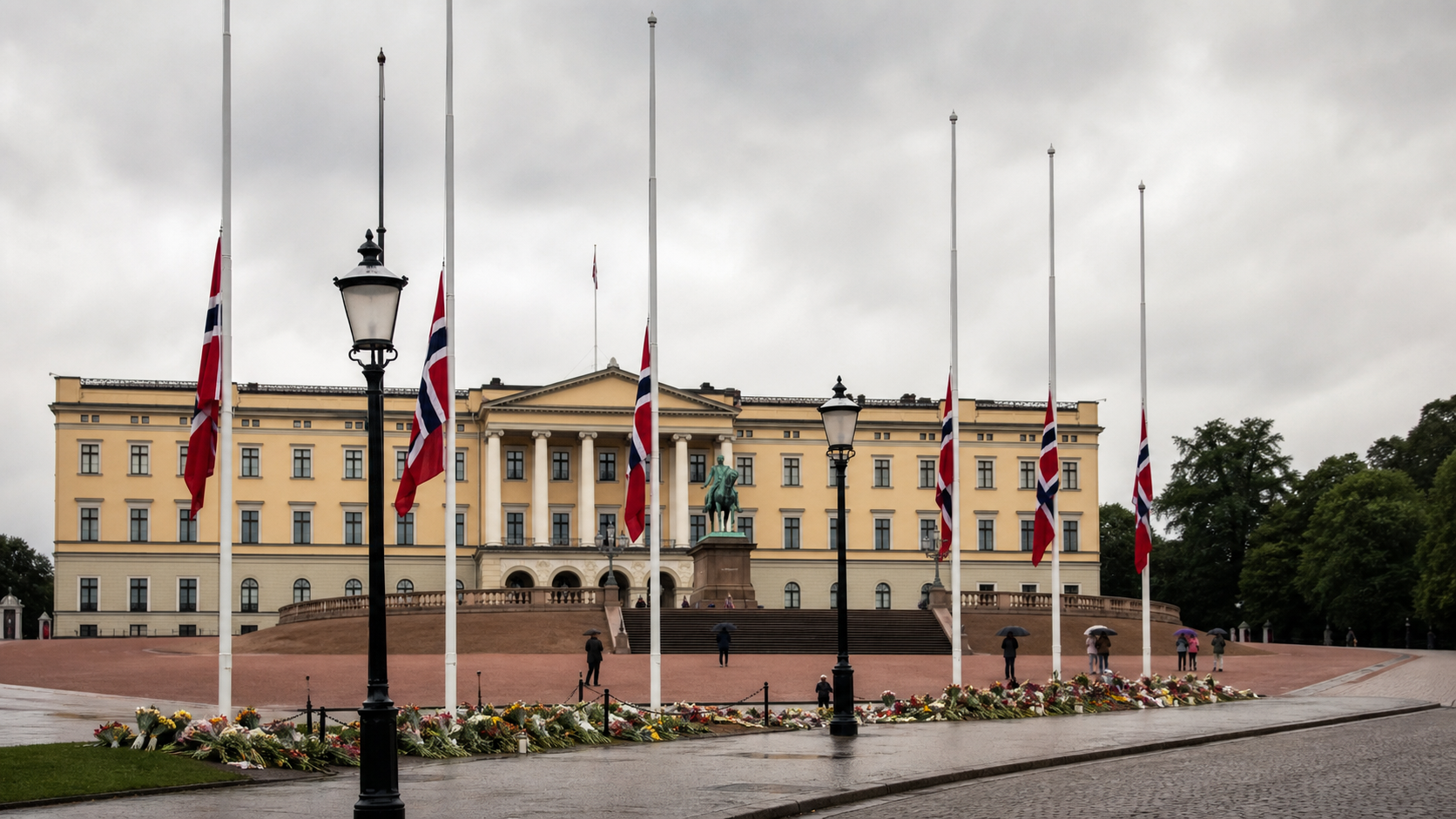 AI-generated editorial image of a Nordic royal palace with Norwegian flags at half-mast