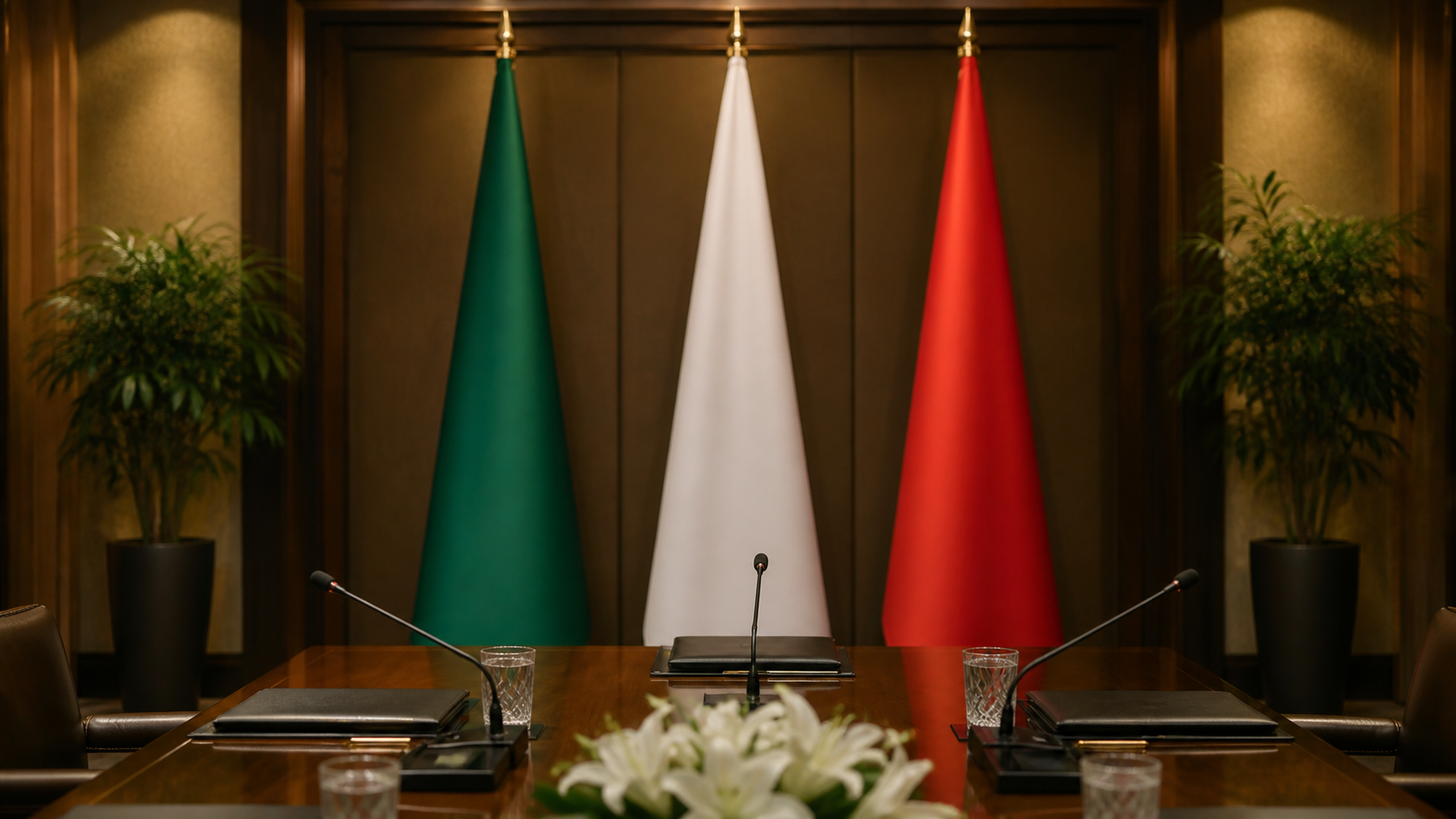AI-generated editorial image of a trilateral diplomatic meeting room for Pakistan, Saudi Arabia and Turkiye cooperation