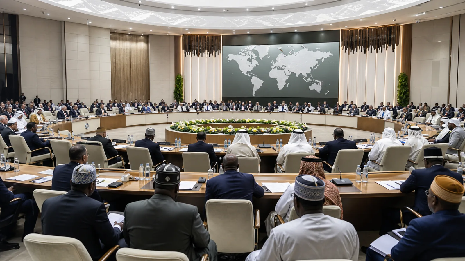 Editorial illustration of diplomats meeting in Jeddah to discuss Palestinian rights and Gaza aid
