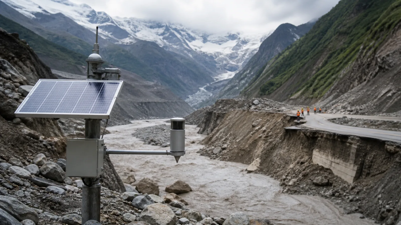 AI editorial illustration of a flood sensor overlooking a damaged Himalayan river valley in Nepal
