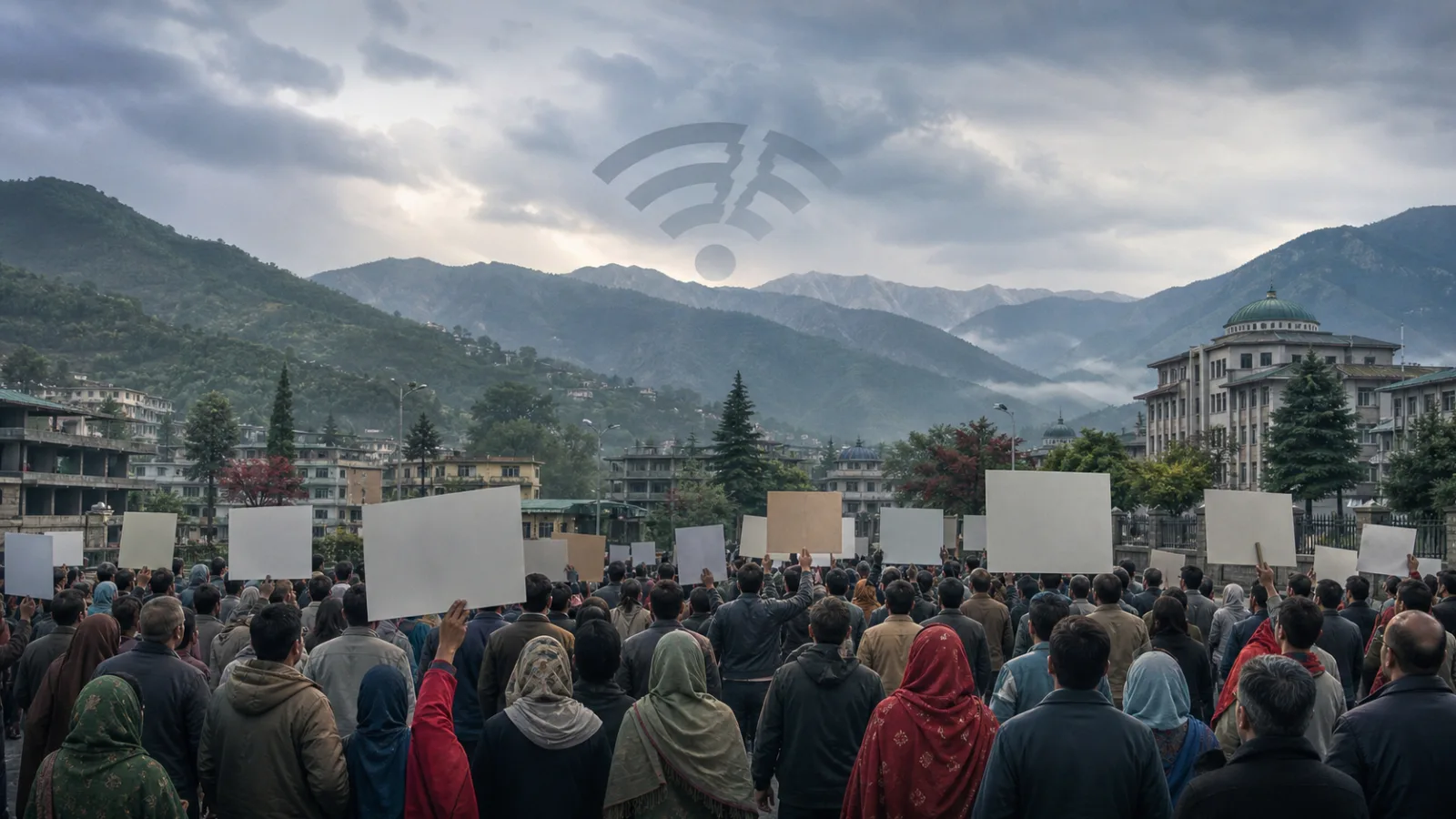 AI editorial illustration of peaceful protesters gathering in a mountain city in Azad Jammu and Kashmir
