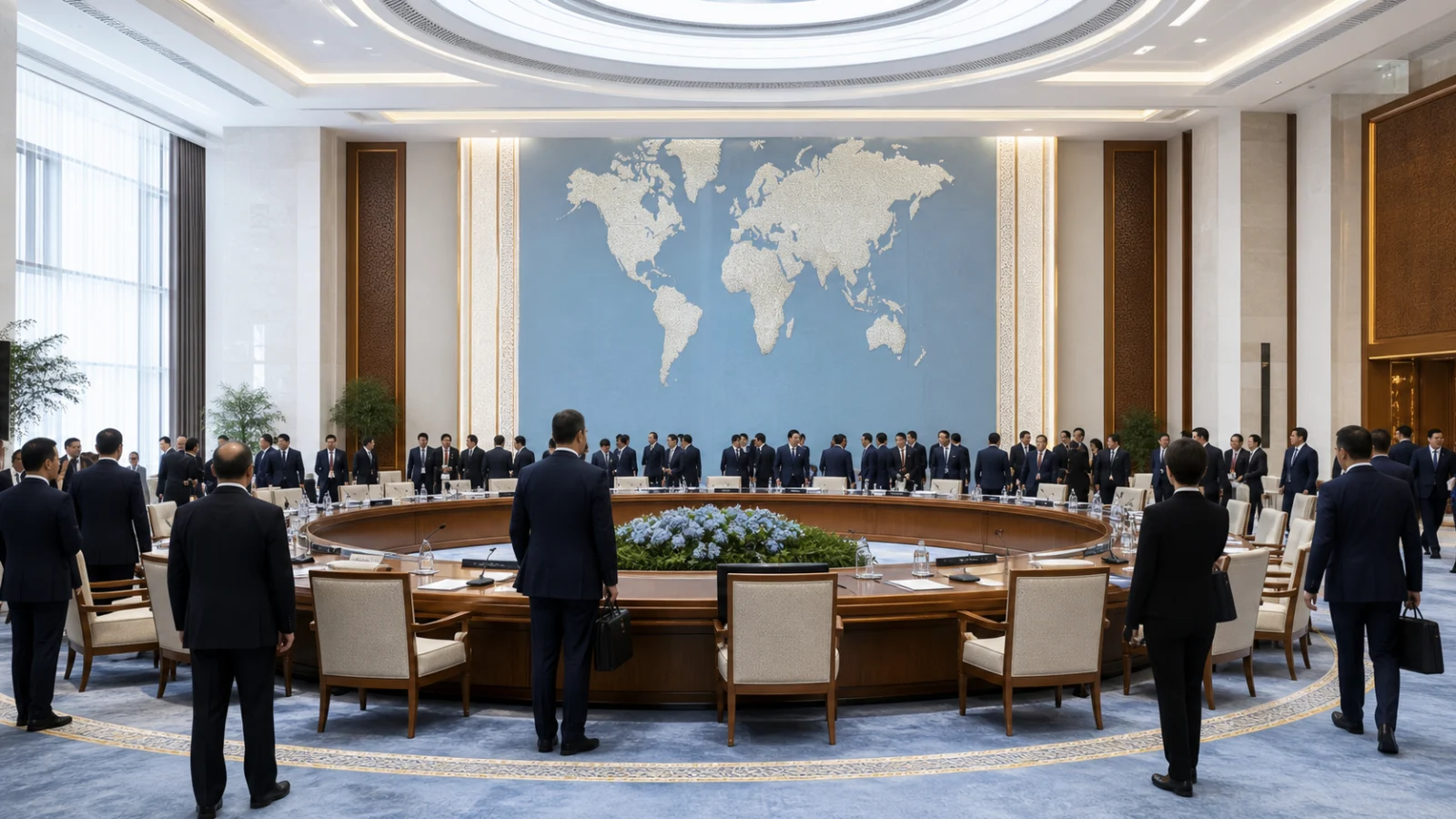 AI editorial illustration of international delegates gathering for the 2026 SCO summit in Bishkek