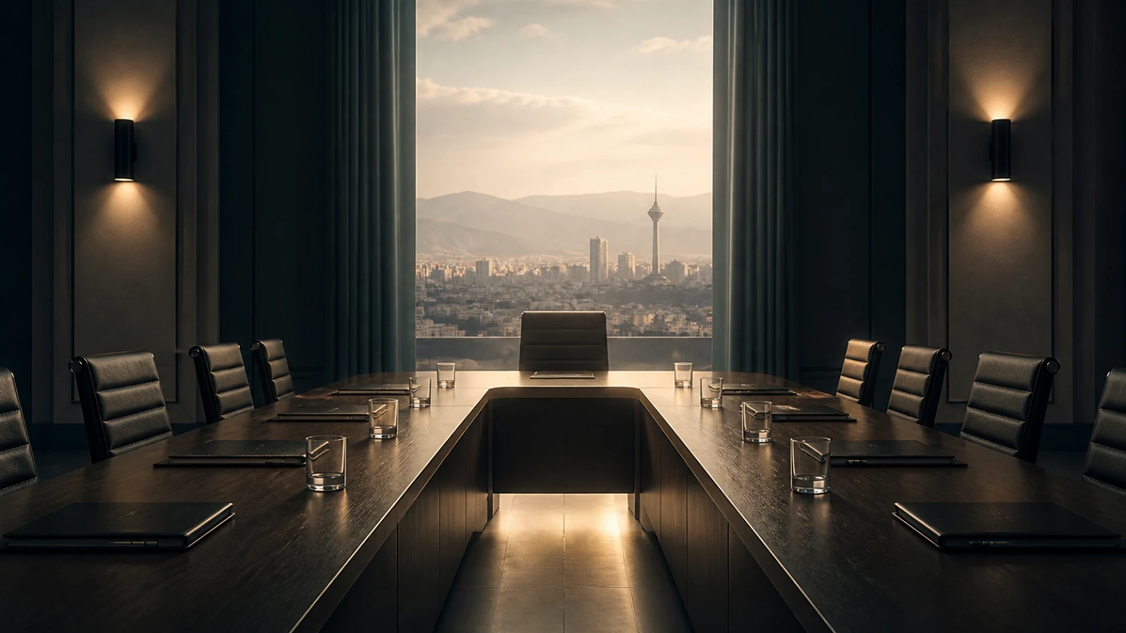 AI editorial illustration of an empty diplomatic table overlooking Tehran as talks remain possible