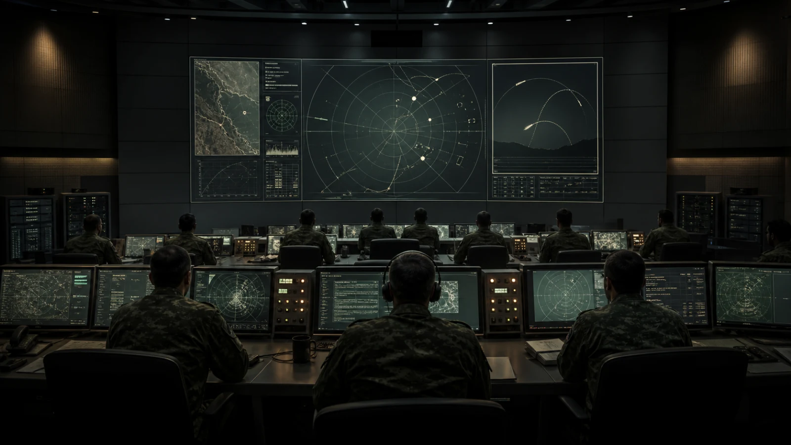 AI editorial illustration of a generic Iranian military air-defence operations room viewed from behind