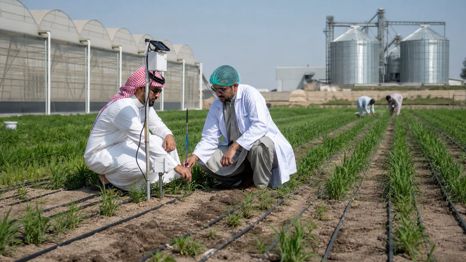 AI editorial image of Saudi and Pakistani specialists inspecting irrigation technology on a modern farm