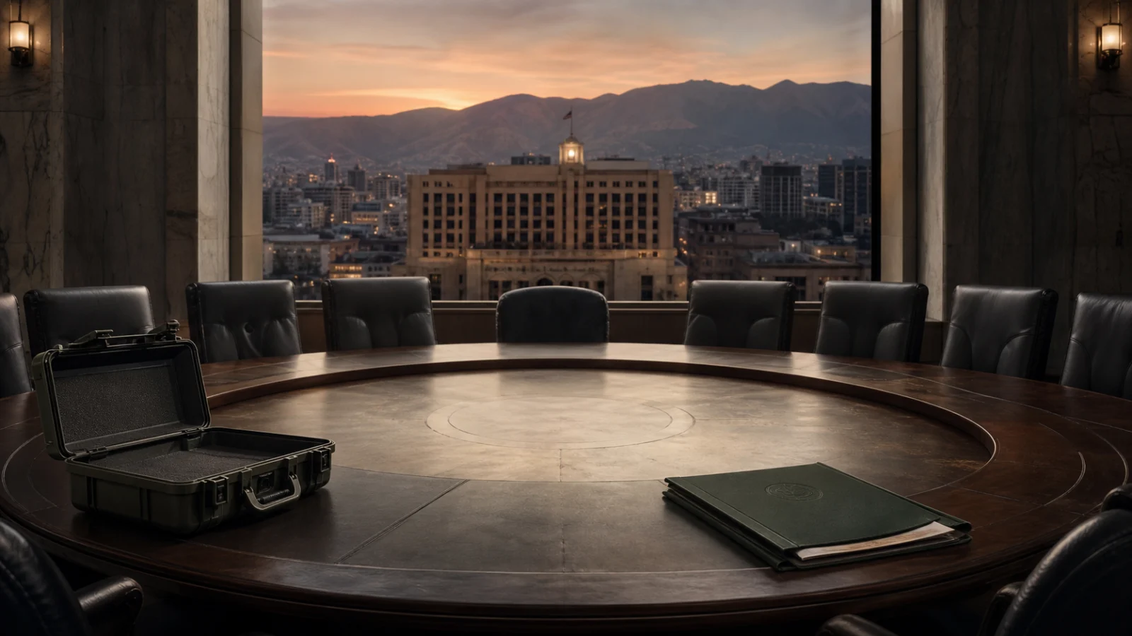AI editorial illustration of an empty Lebanese negotiating table representing the Hezbollah disarmament dispute