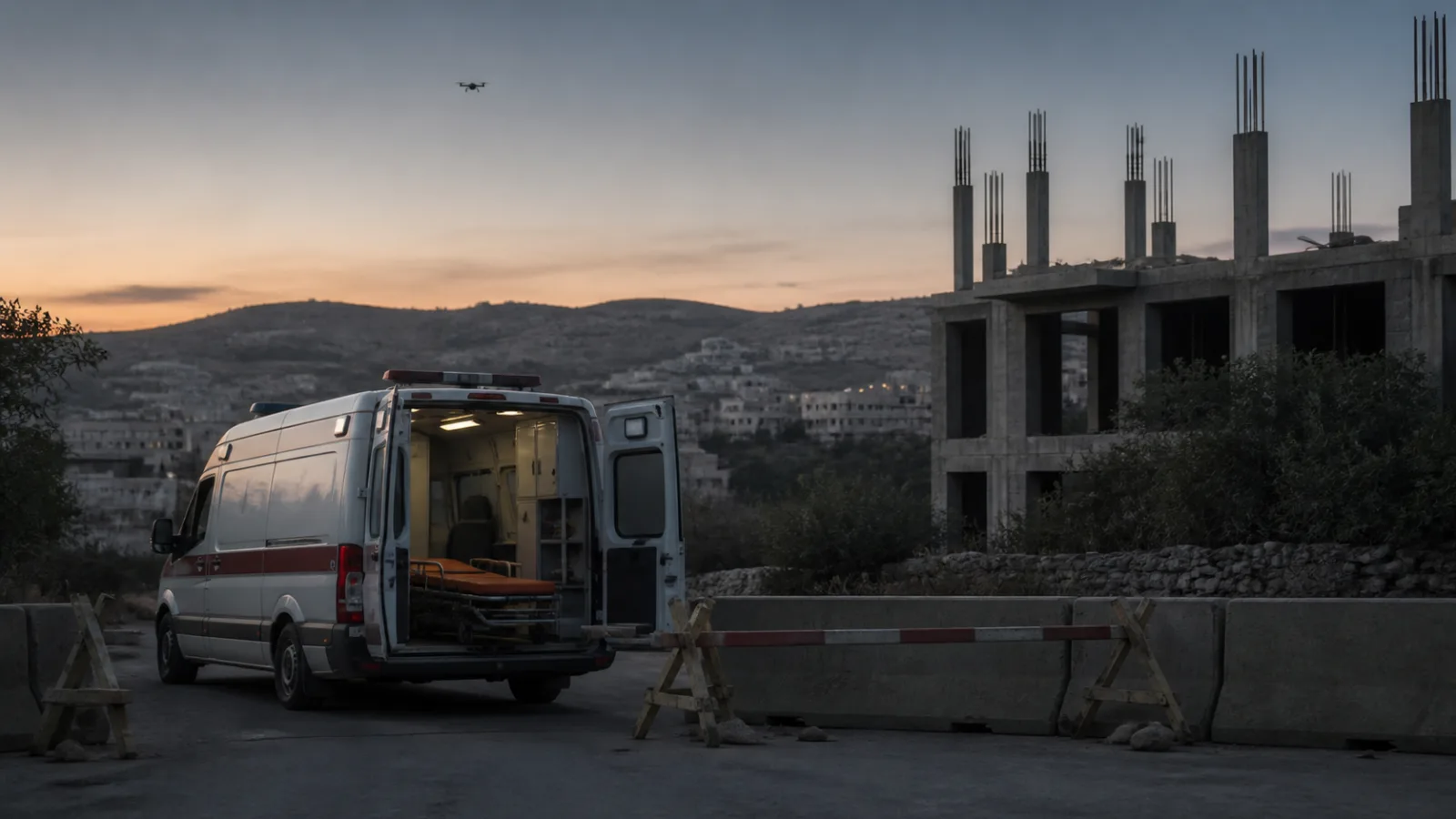 AI editorial illustration of an ambulance blocked near an unfinished building after an airstrike in Jenin