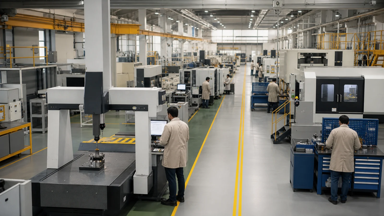 AI editorial image of engineers working on modern precision manufacturing lines at a Pakistani industrial complex