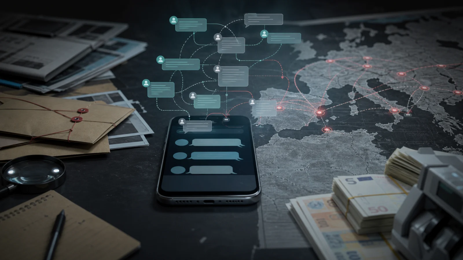 Editorial illustration of encrypted messages connecting cash transfers across a map of Europe