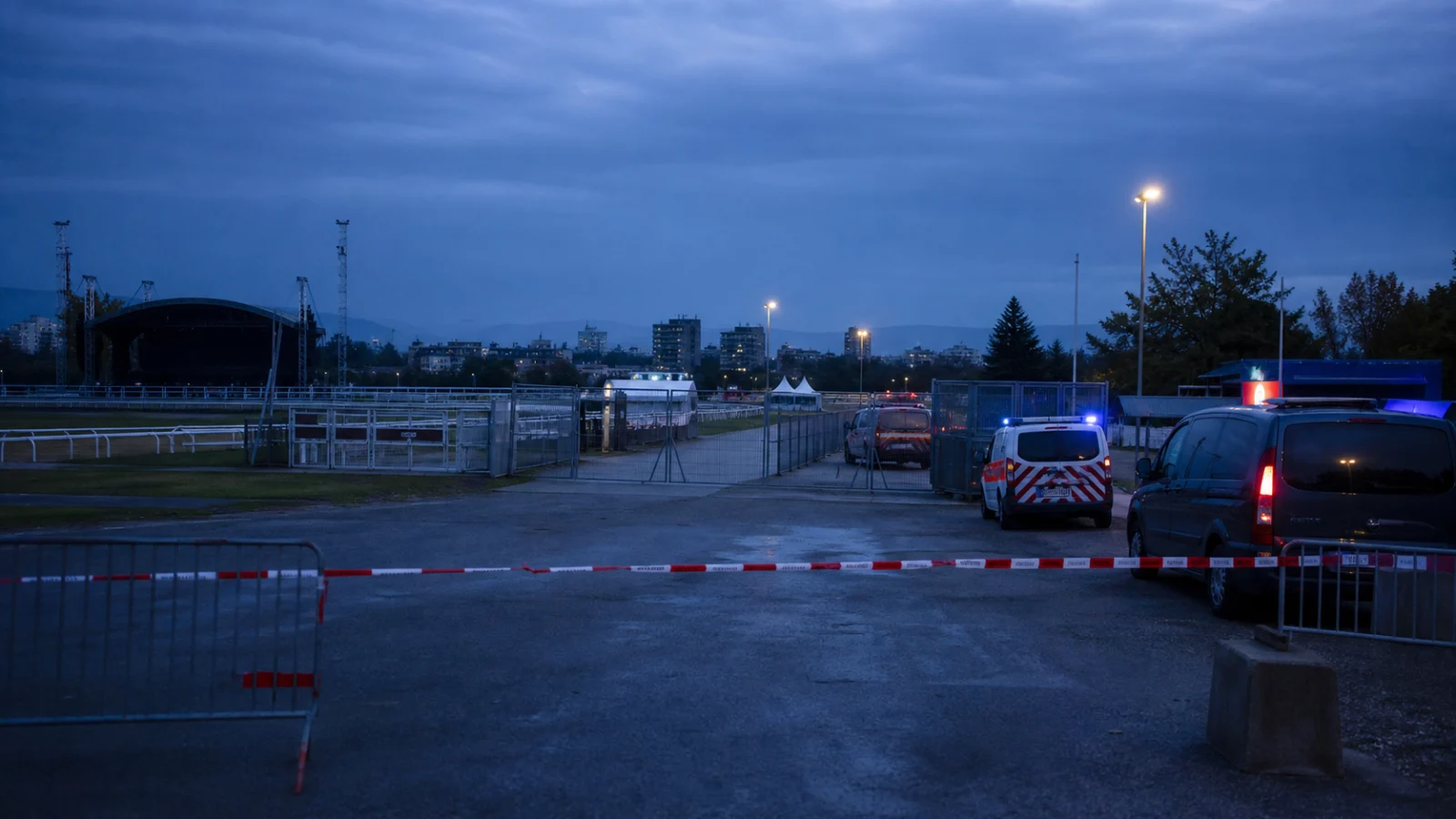 AI editorial illustration of police cordons outside an empty Aarau event venue before dawn