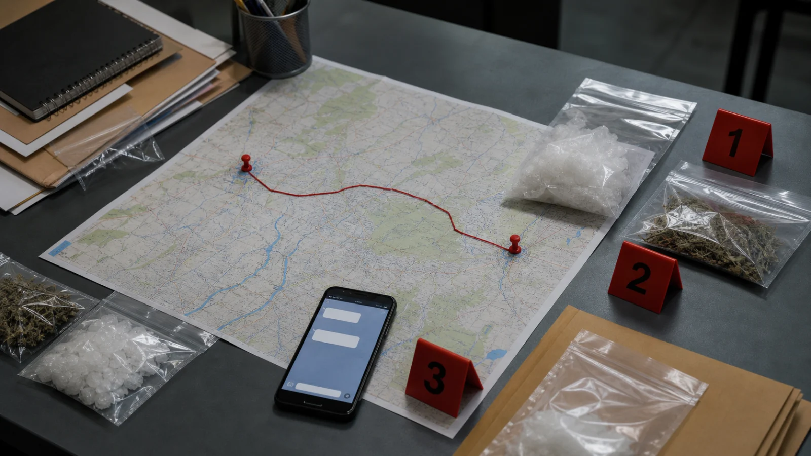 AI editorial illustration of a police evidence desk and a route map linking two cities