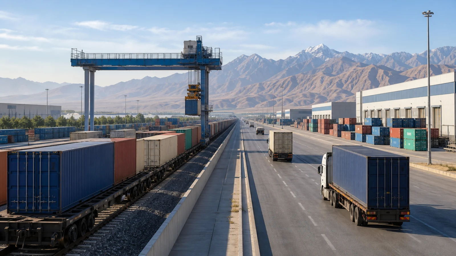 AI editorial illustration of rail and road freight representing Pakistan-Uzbekistan trade connectivity