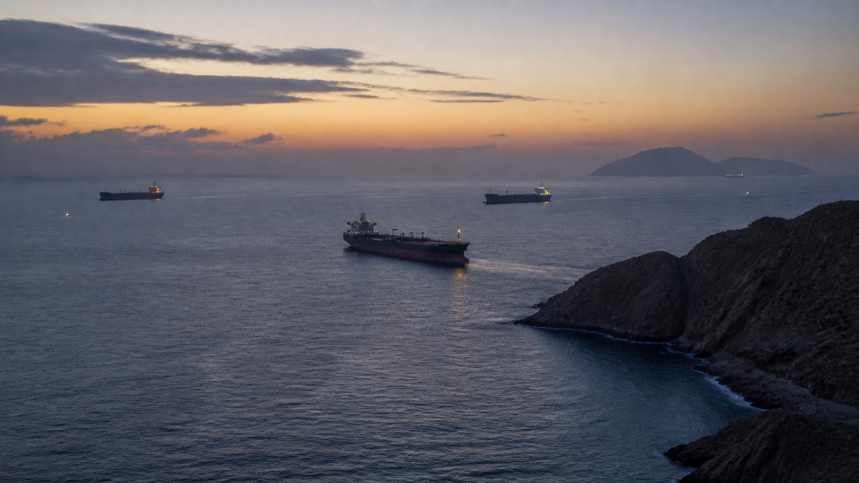 AI-generated editorial image of tankers near a Gulf coastline amid Strait of Hormuz tensions