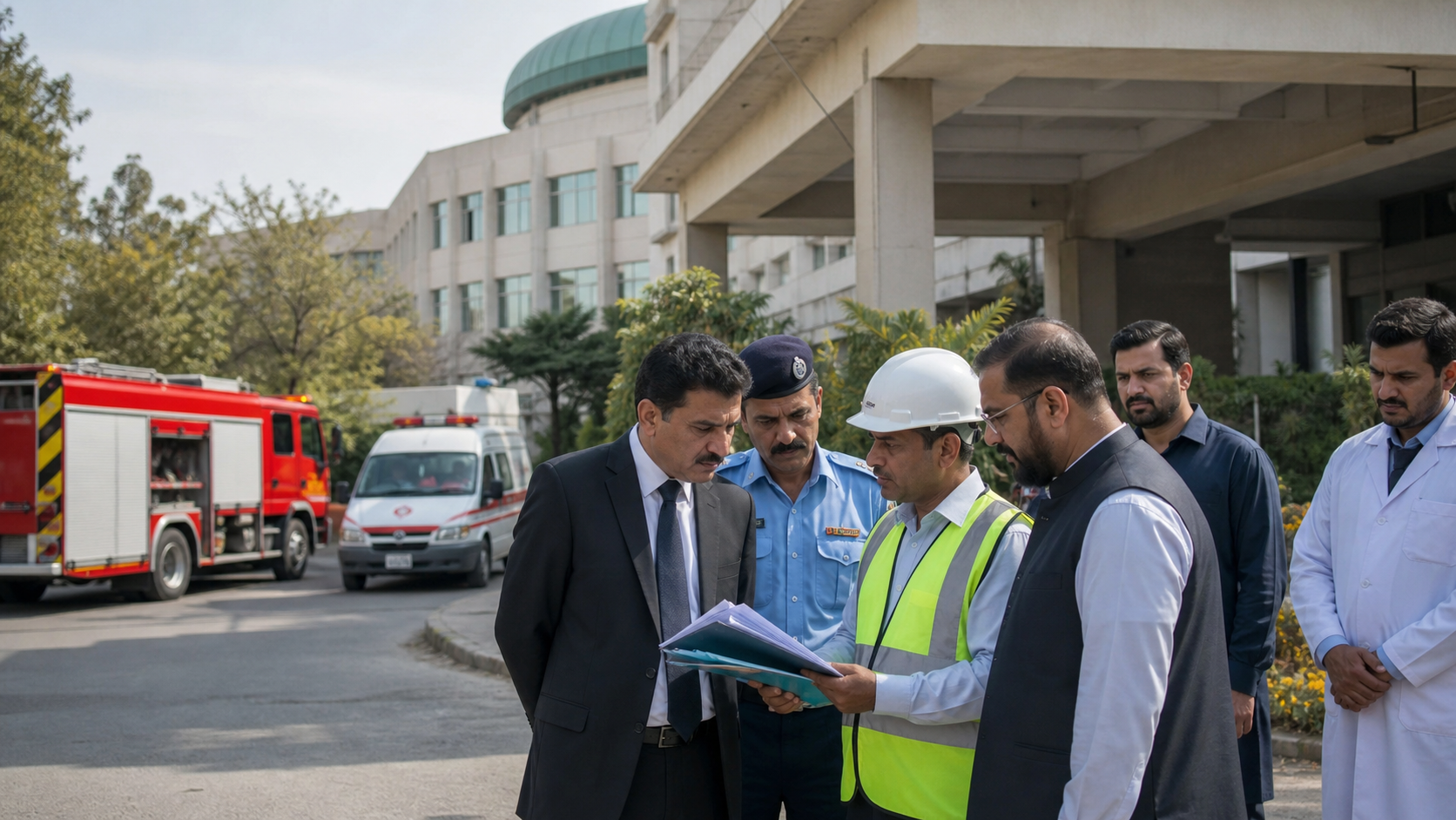 Safety officials review documents outside a public hospital after a fire incident inquiry