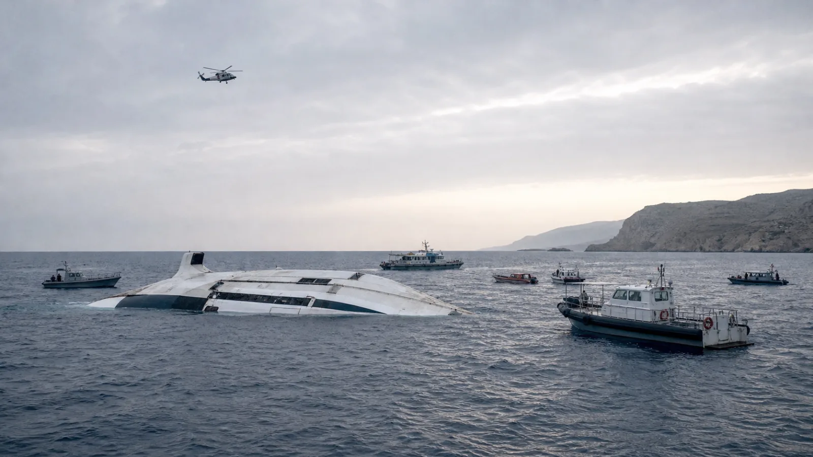 Rescue vessels surrounding a capsized passenger ferry off the northern Cyprus coast