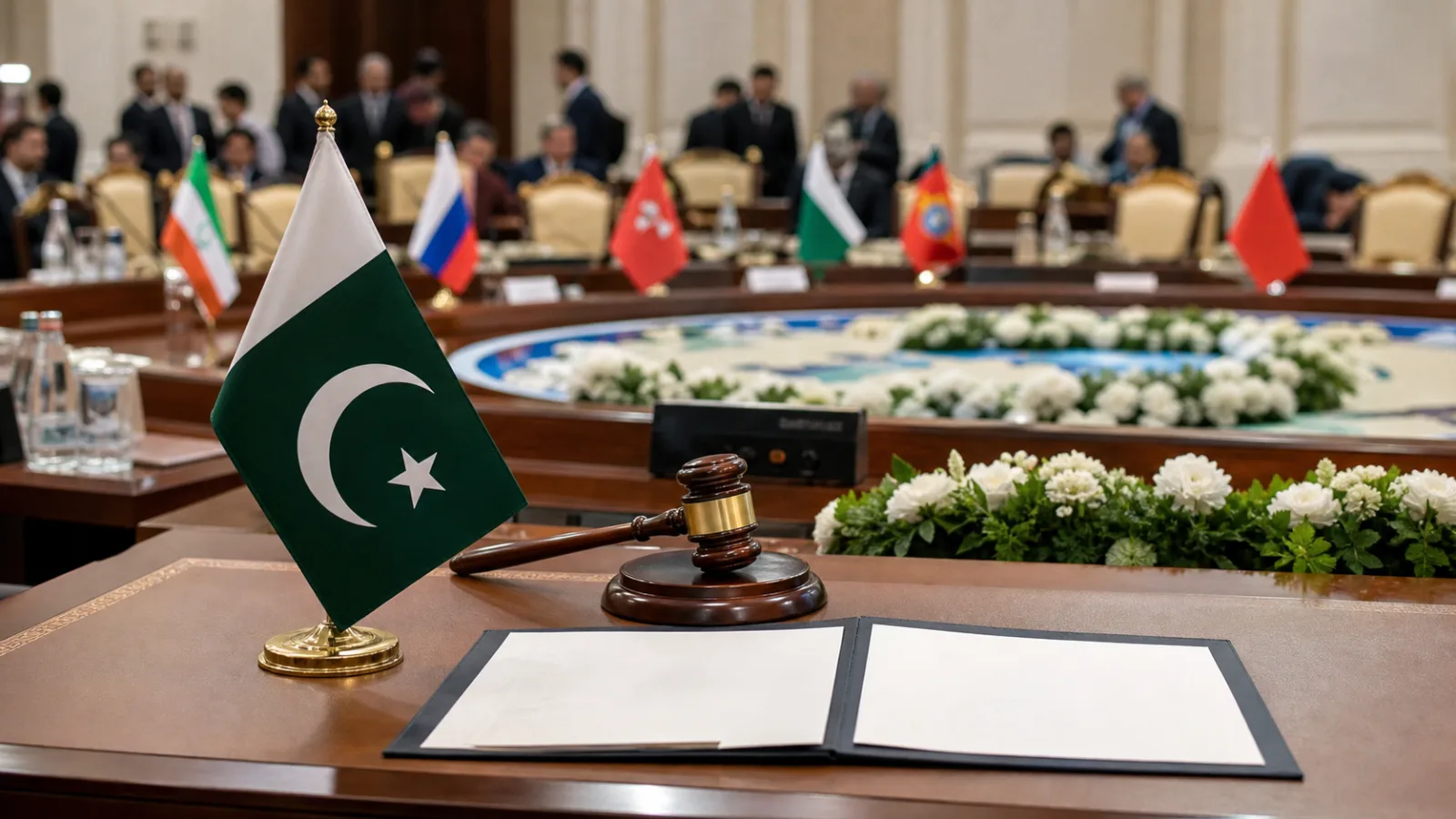 Pakistan flag beside a ceremonial handover folder in an international summit hall