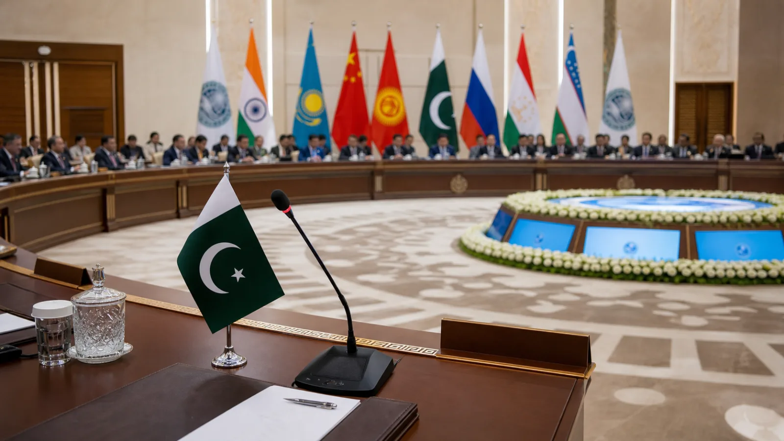 Pakistan delegation microphone and flag inside a regional summit conference chamber