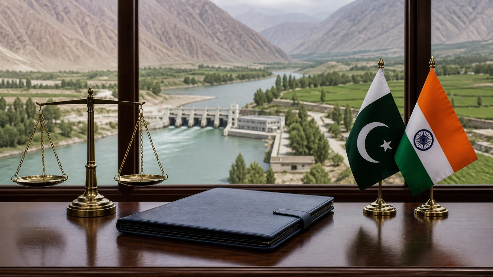 Pakistan and India flags beside legal scales overlooking an Indus river hydropower site