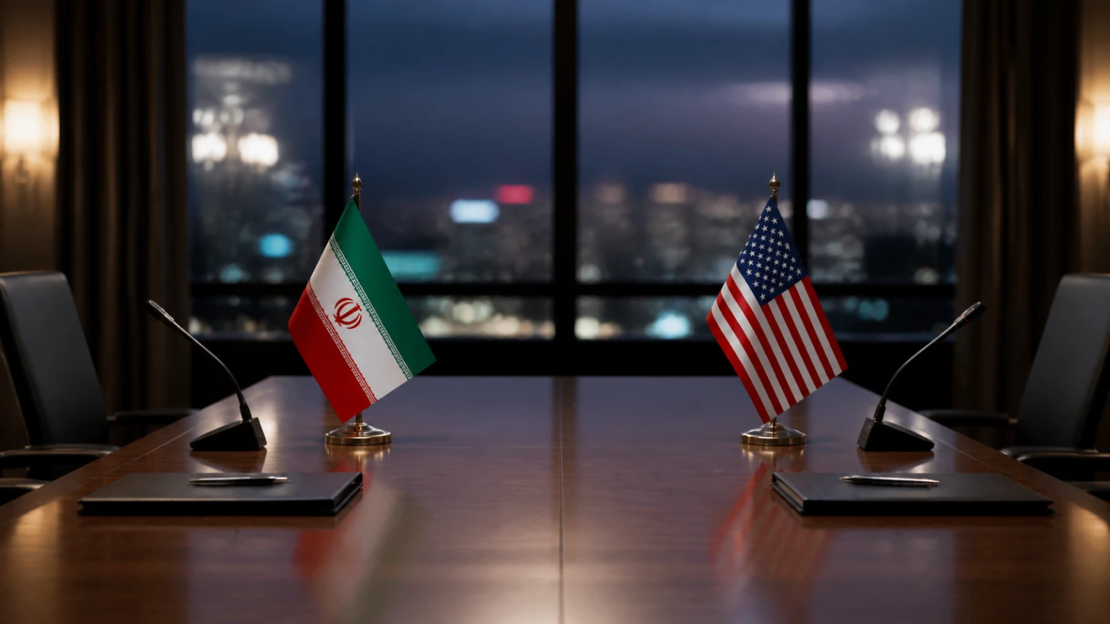 Empty negotiation table with Iran and United States flags facing each other
