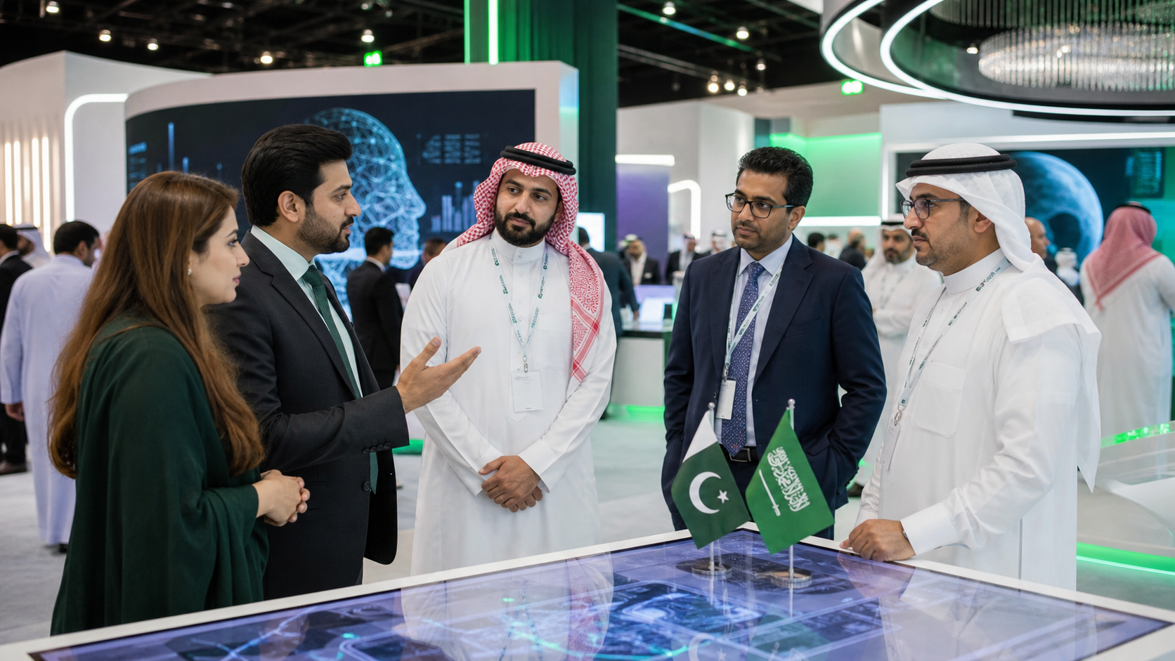 Pakistani and Saudi technology delegates discussing digital innovation at a conference in Riyadh