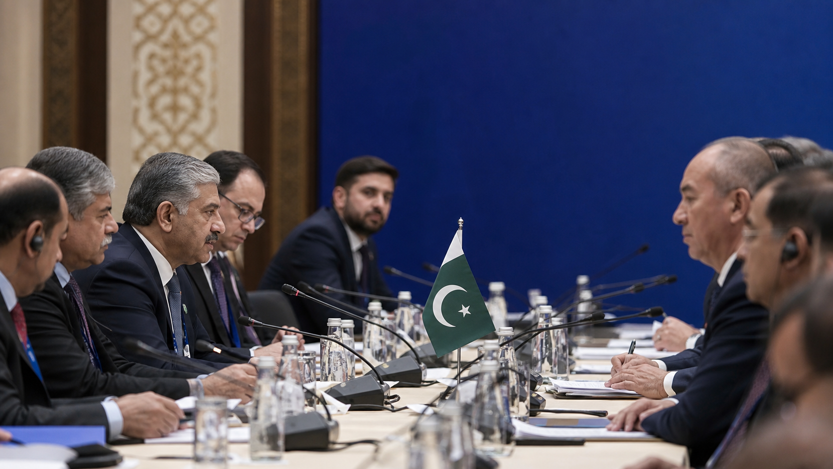 Pakistani diplomats meeting international representatives at a formal summit table in Bishkek