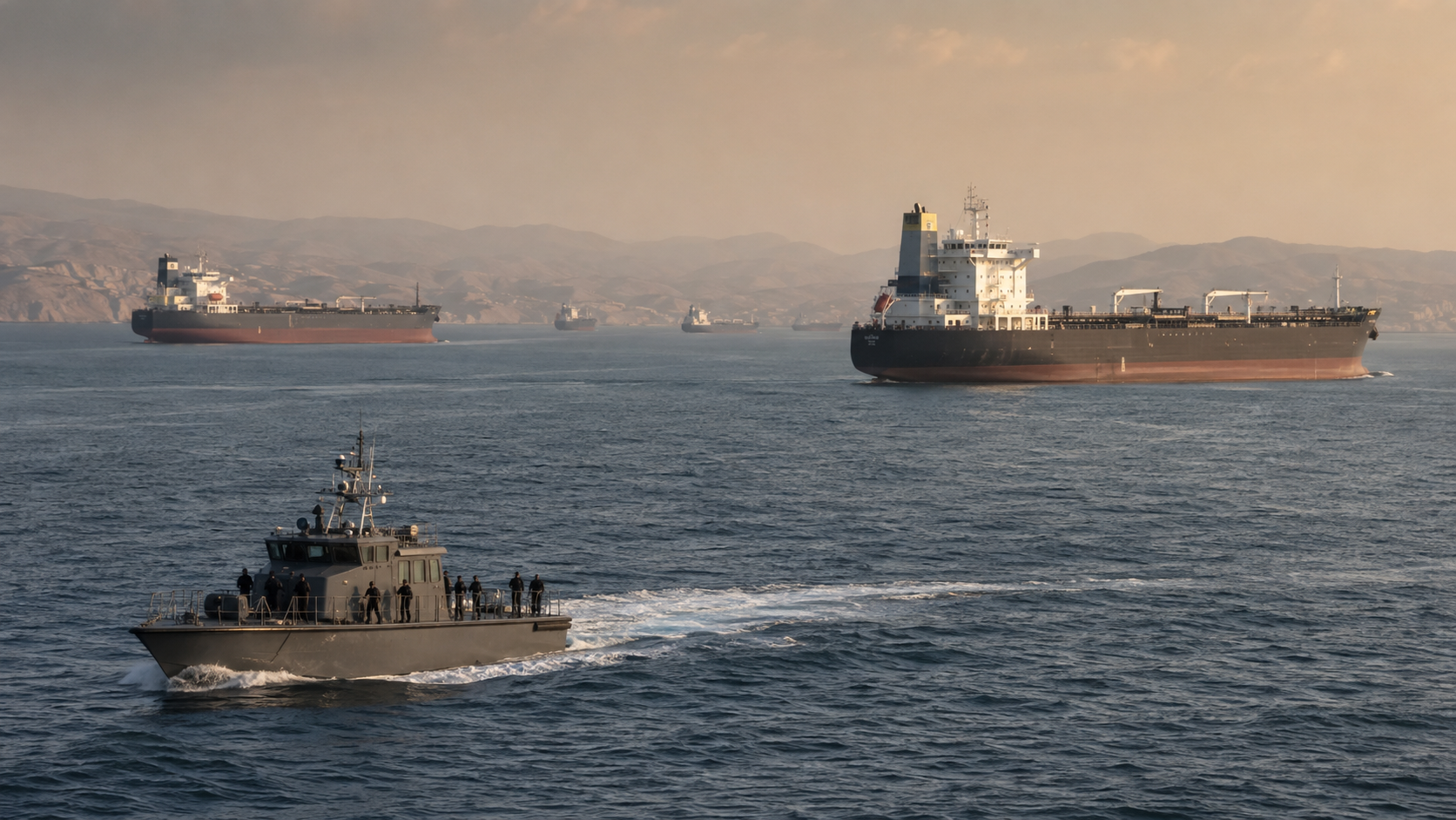Oil tankers and patrol vessels move through a tense Strait of Hormuz shipping route