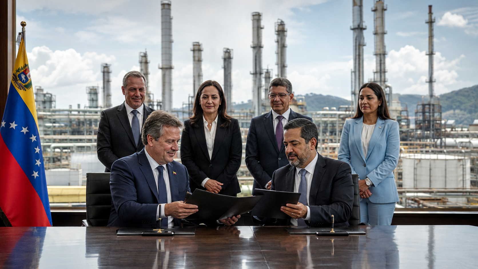 Energy officials review Venezuela oil investment agreements with refinery infrastructure in the background