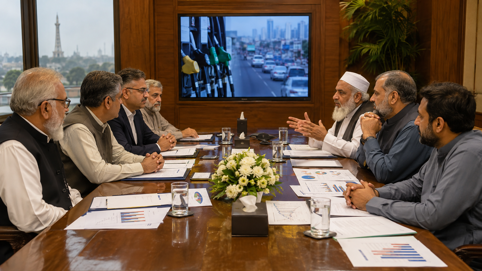 Political negotiators review fuel-price policy documents during a meeting in Pakistan