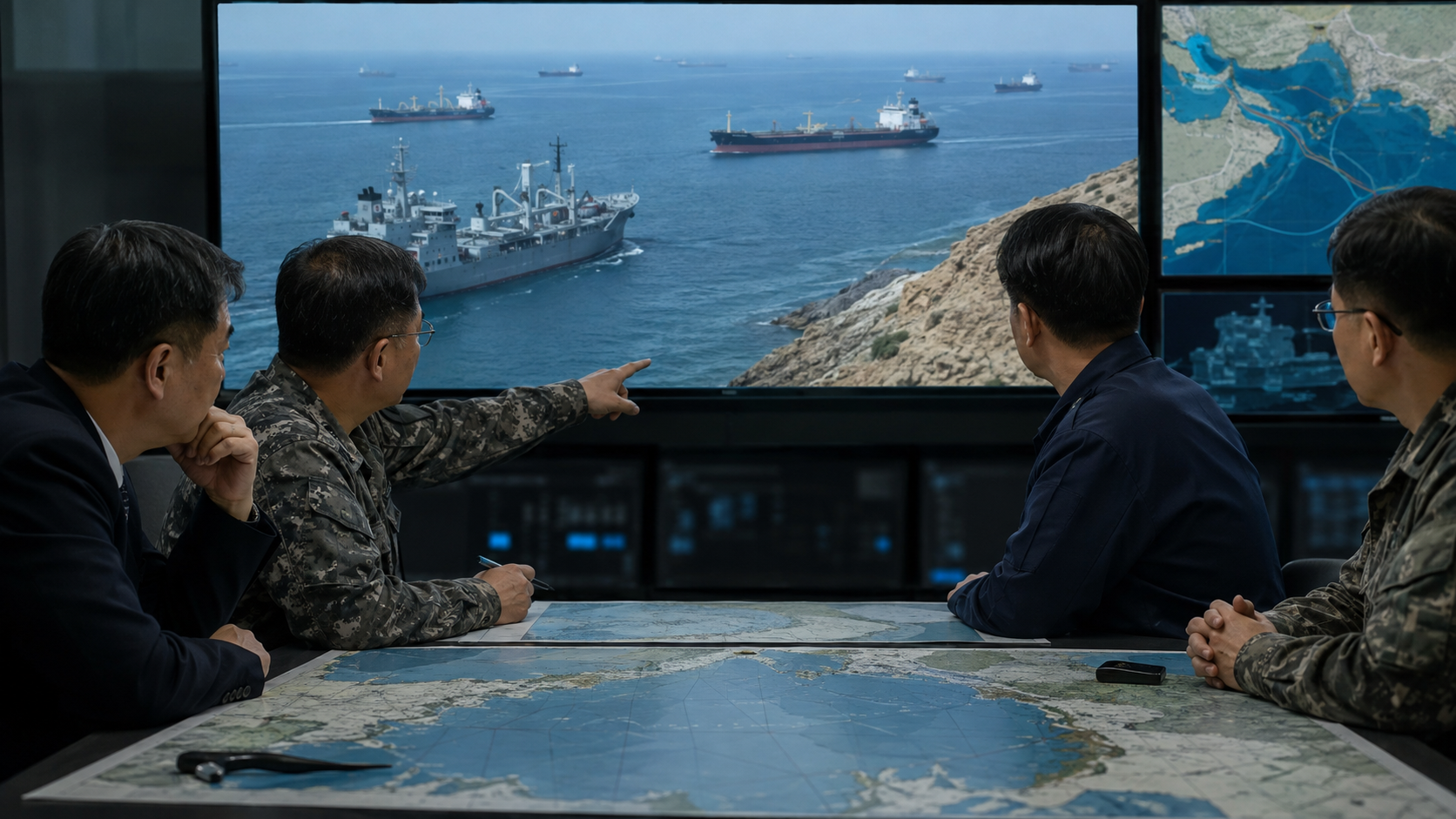 South Korean defense officials review maritime security charts near the Strait of Hormuz