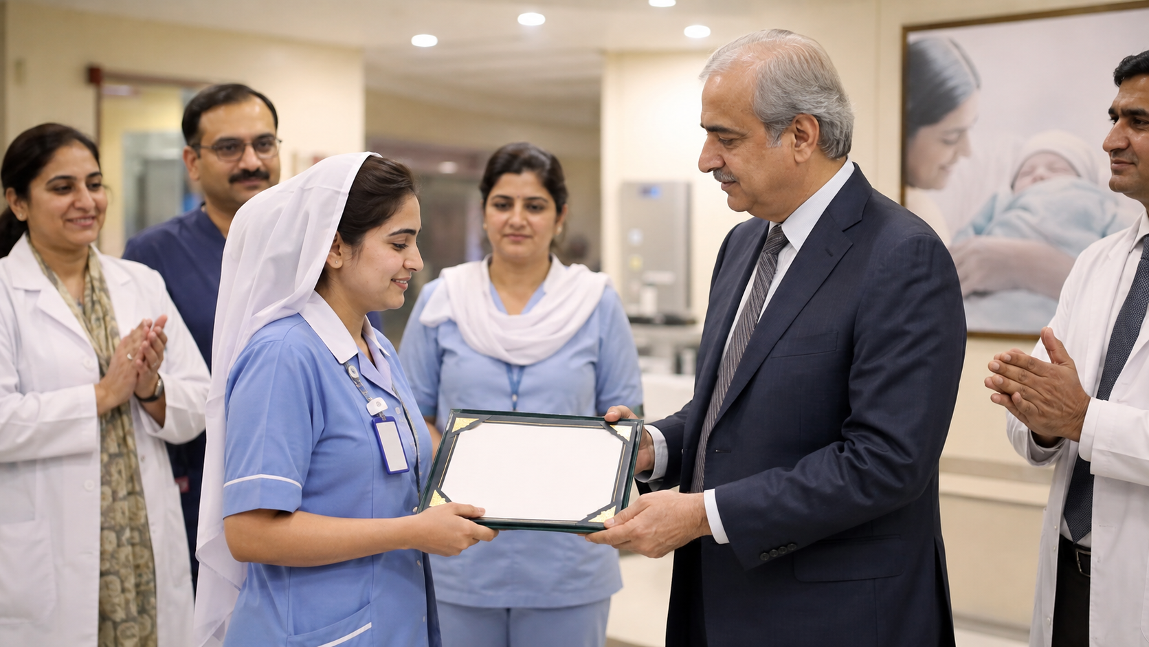 A nurse receives formal recognition from a senior official in a hospital setting