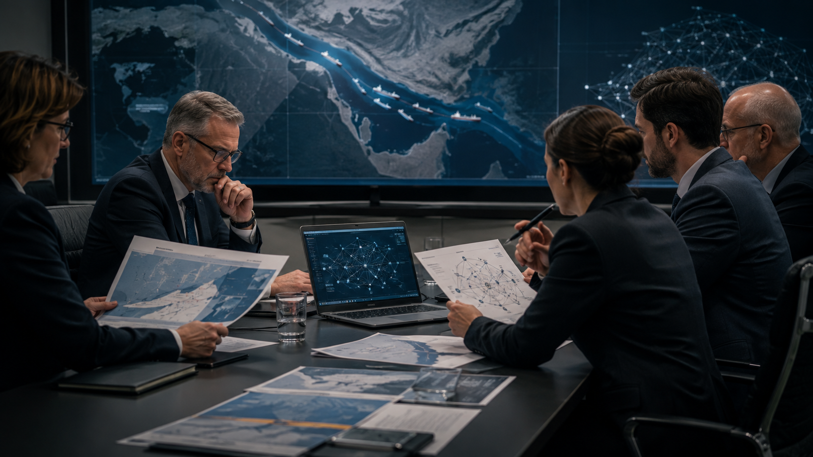 International officials review sanctions documents and Gulf shipping maps in a conference room