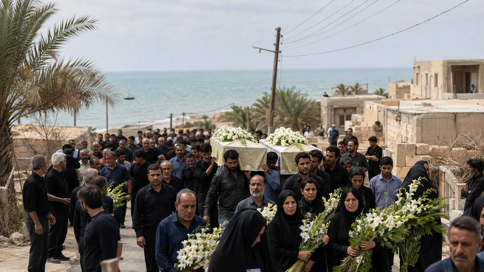 Mourners carry flower-covered coffins during a solemn coastal funeral procession