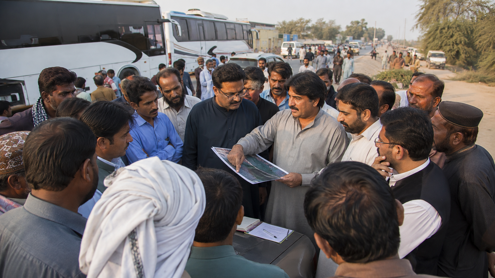 Political organisers review route plans with supporters near buses on a Sindh roadside