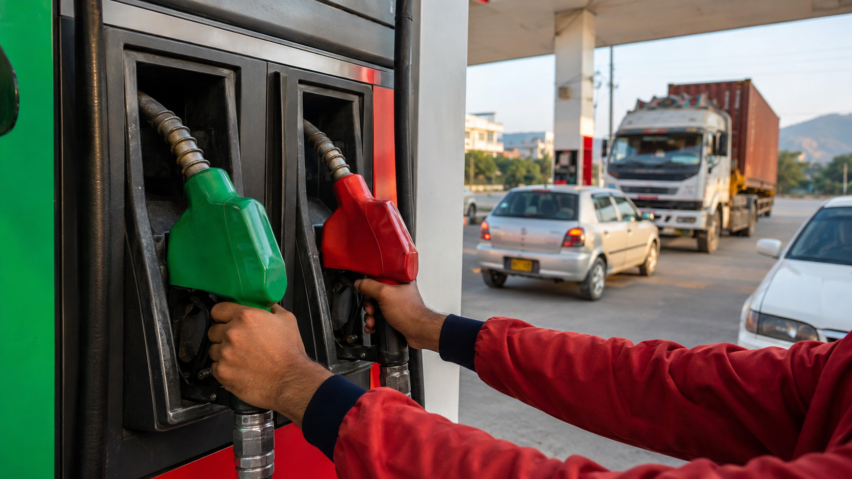 Petrol and diesel nozzles at a Pakistani fuel station as new prices take effect
