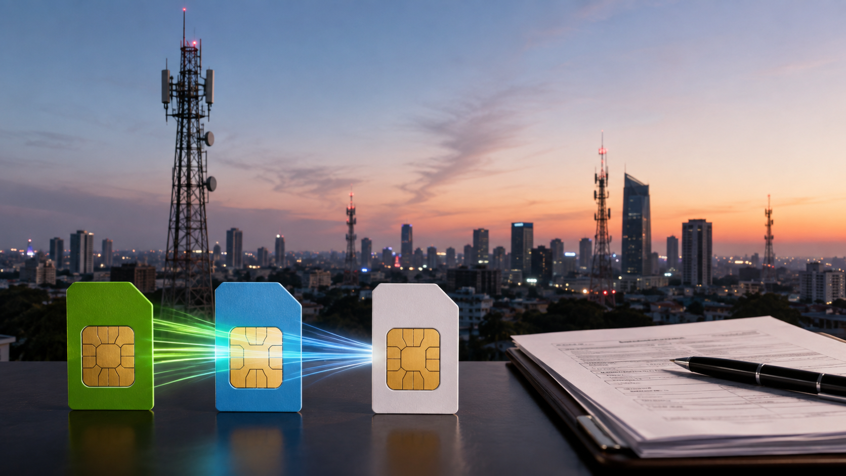 Unbranded mobile SIM cards merging beside telecom towers and a regulatory document in Pakistan