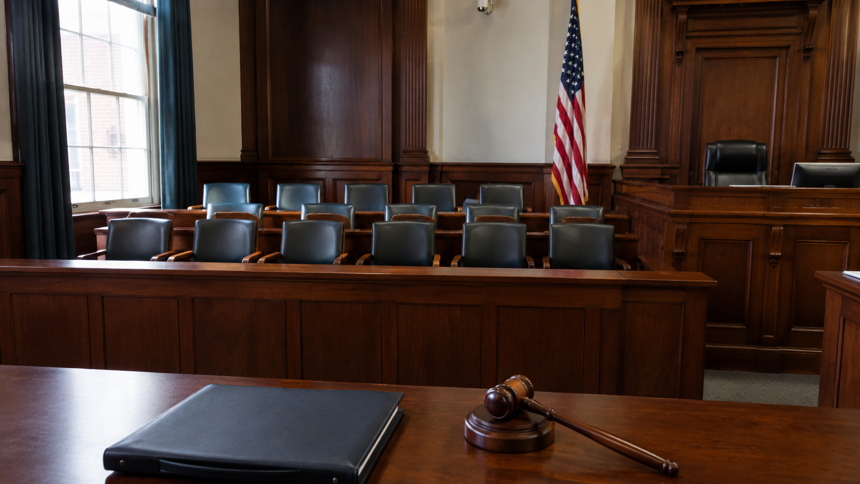 Empty jury box and judge's bench in a Massachusetts-style courtroom after a mistrial