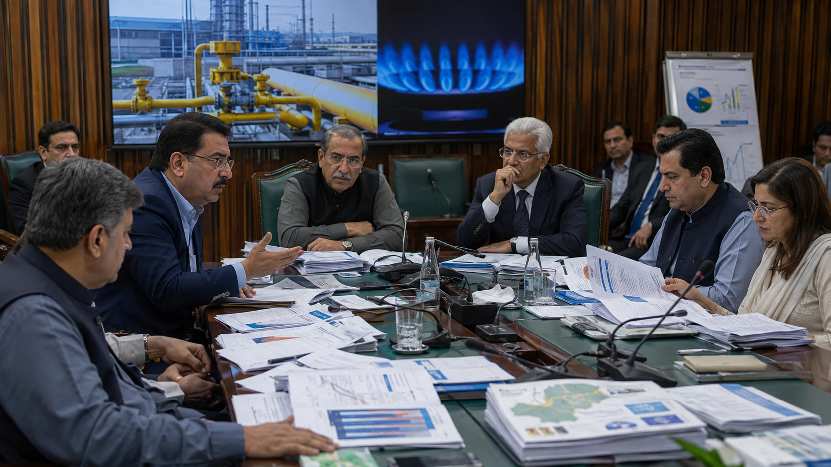 Parliamentary committee members review natural gas revenue proposals in Islamabad