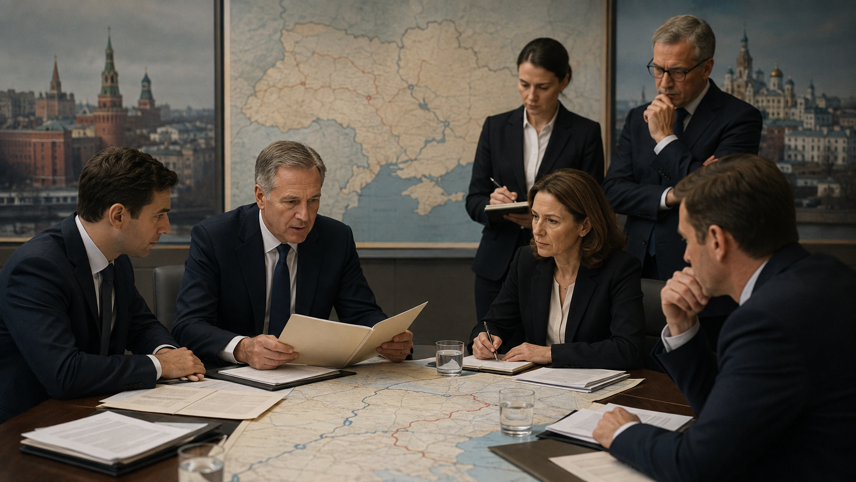 Diplomats review a Ukraine map and peace proposal documents in a negotiation room