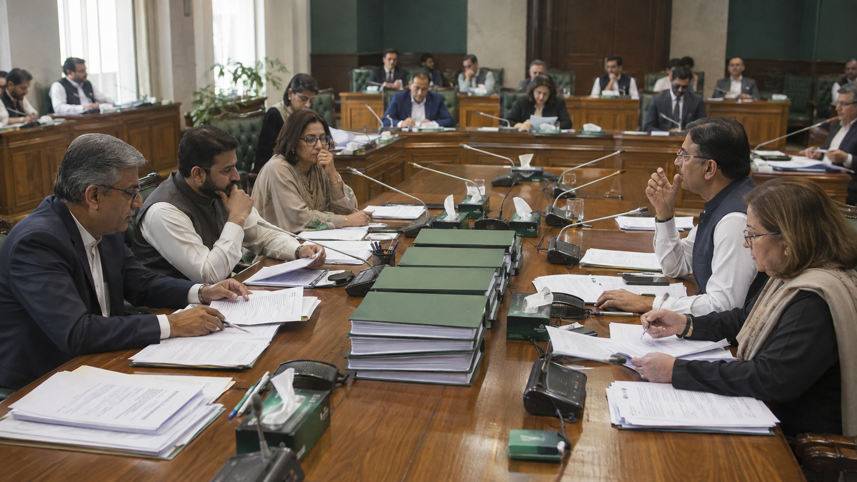 Pakistani policymakers reviewing constitutional documents during a discussion about devolution