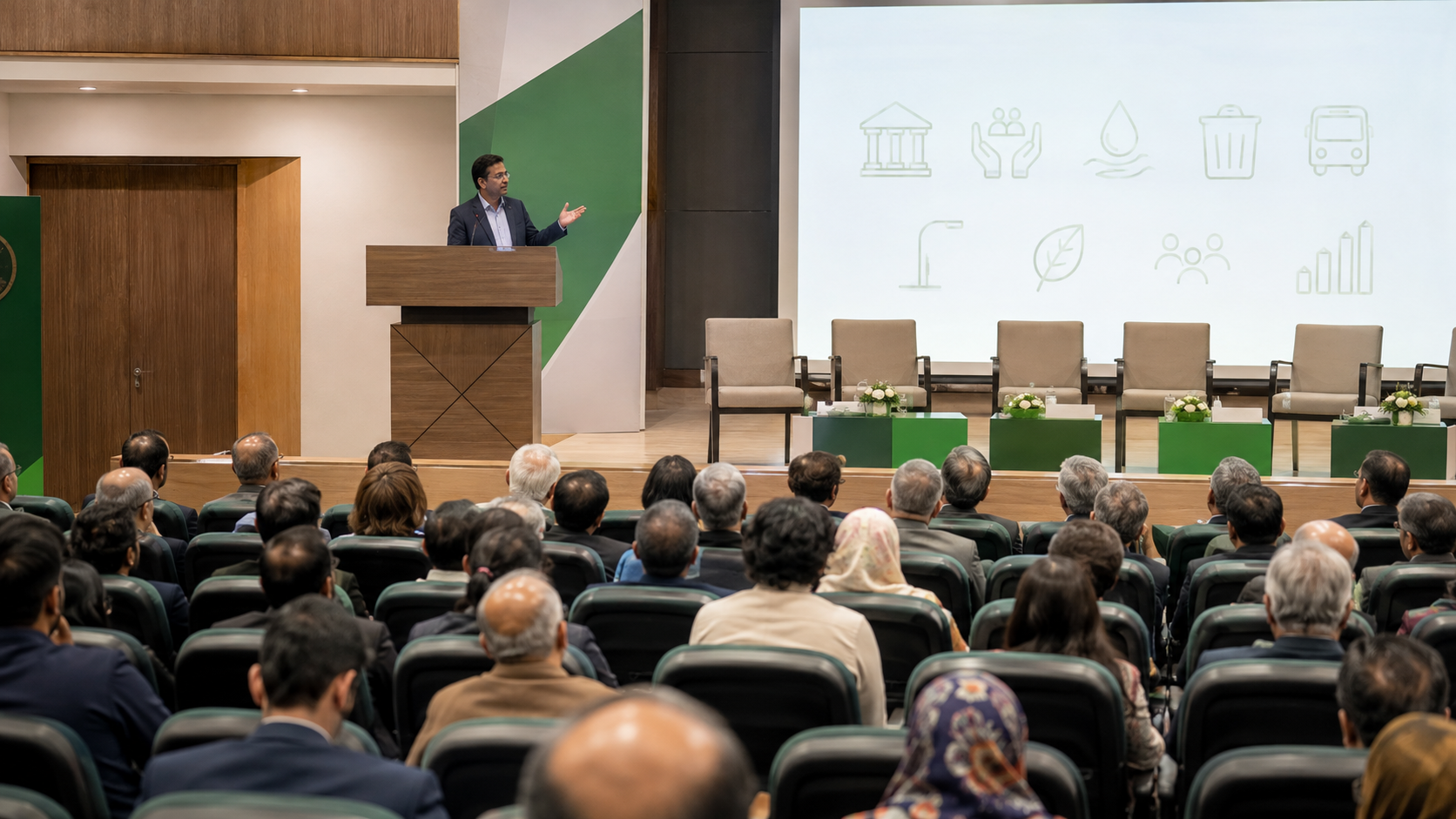 A public policy speaker addressing citizens at a governance dialogue in Lahore