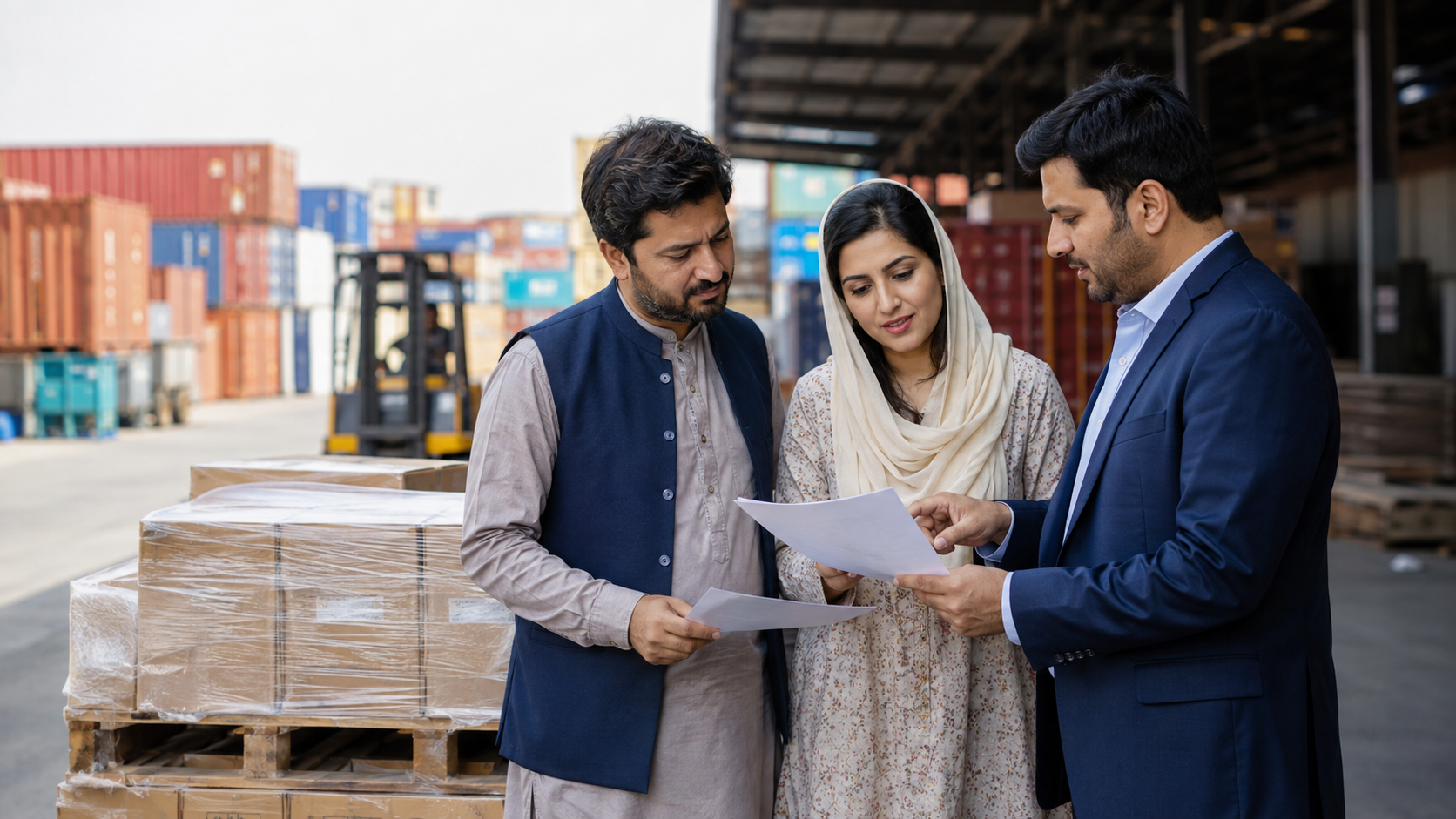 Pakistani small-business owners reviewing export insurance documents at a shipping warehouse