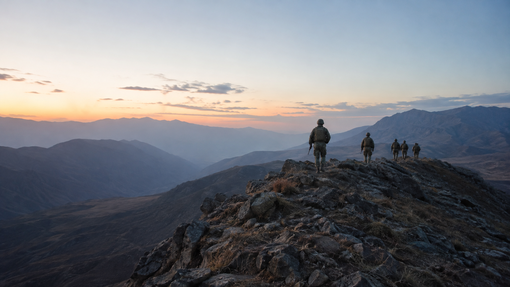 Security patrol moving across mountainous terrain in Khyber Pakhtunkhwa at dawn