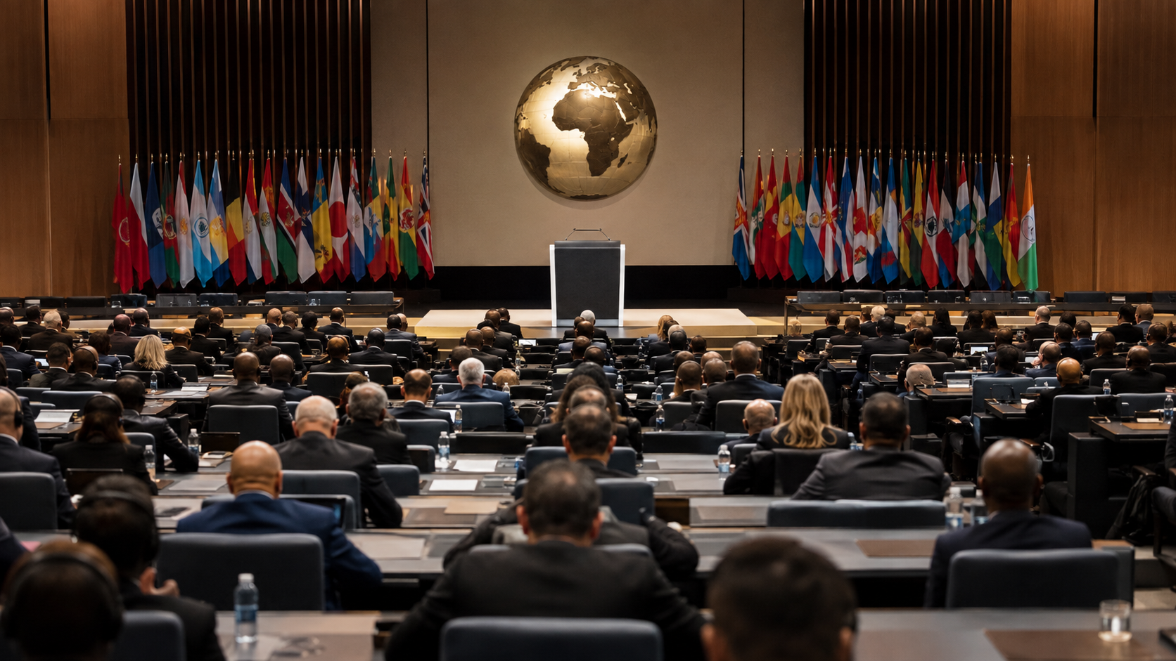 Delegates gathered in an international football governance congress hall before an election