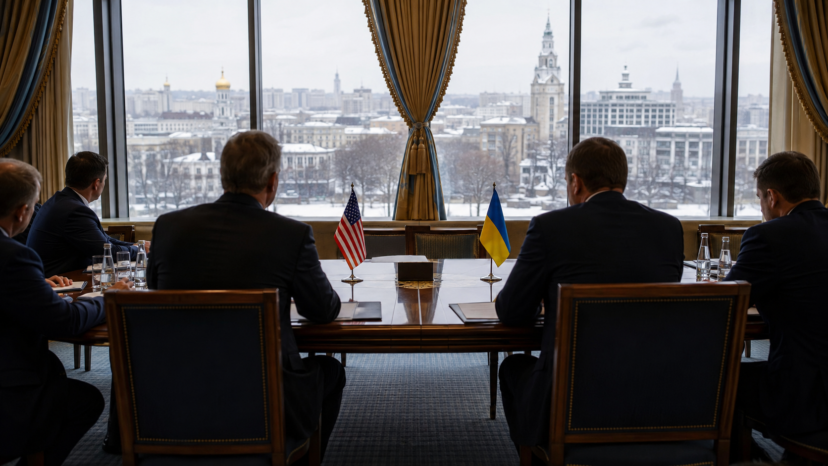 American and Ukrainian representatives seated around a diplomatic meeting table in Kyiv