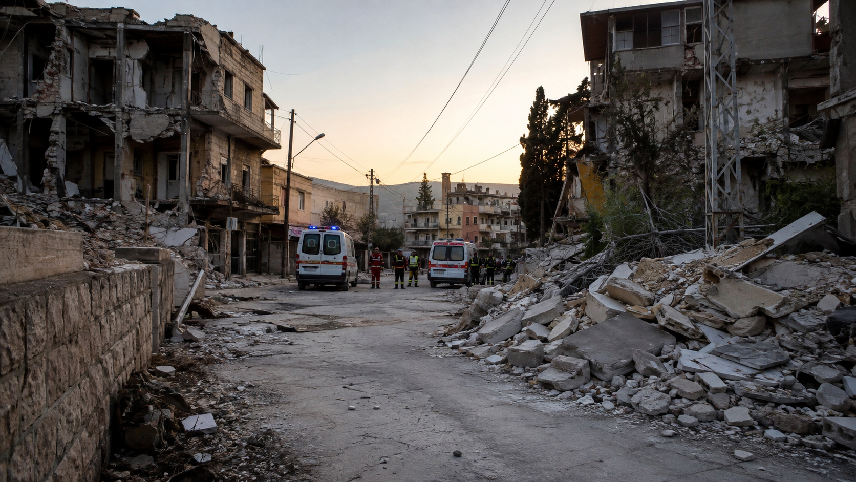 Emergency responders working on a damaged residential street in southern Lebanon