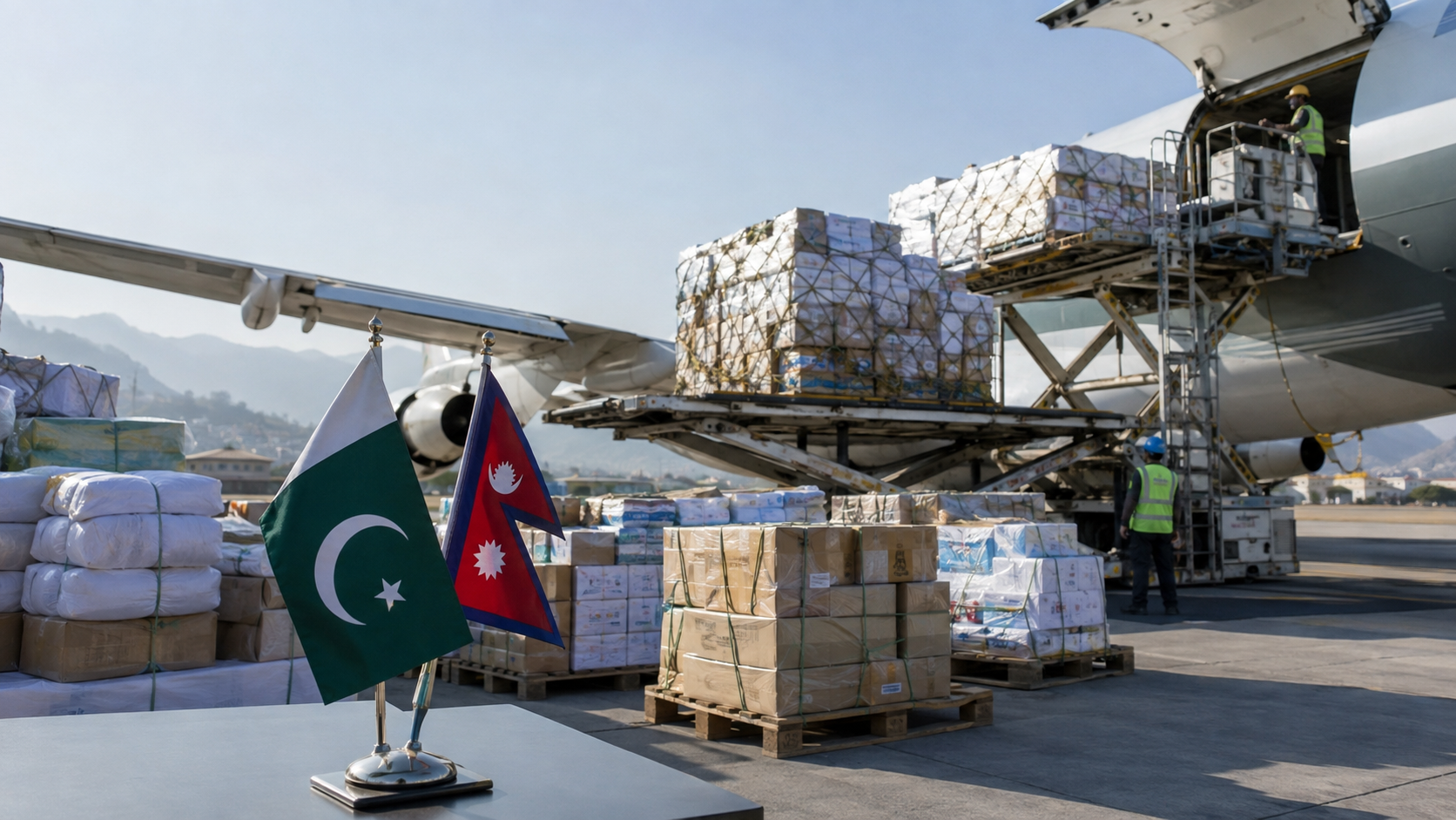 Pakistan and Nepal flags beside humanitarian relief cargo being loaded onto an aircraft