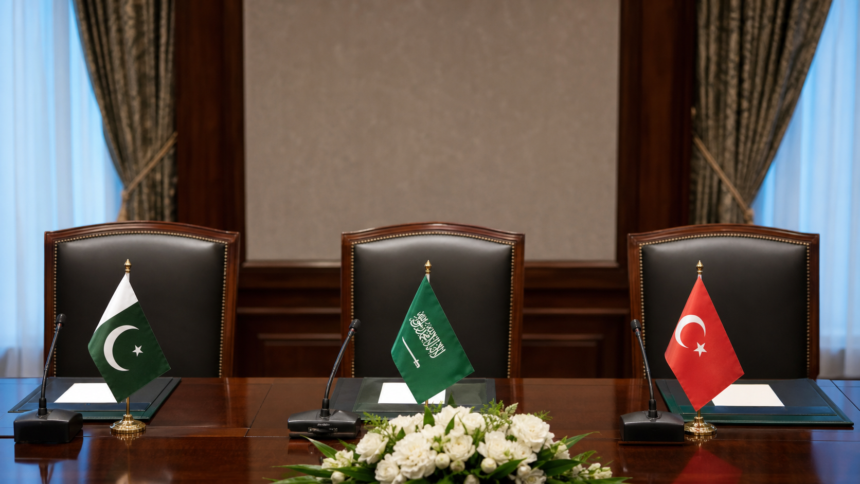 Pakistan, Saudi Arabia and Turkiye flags arranged at a diplomatic conference table