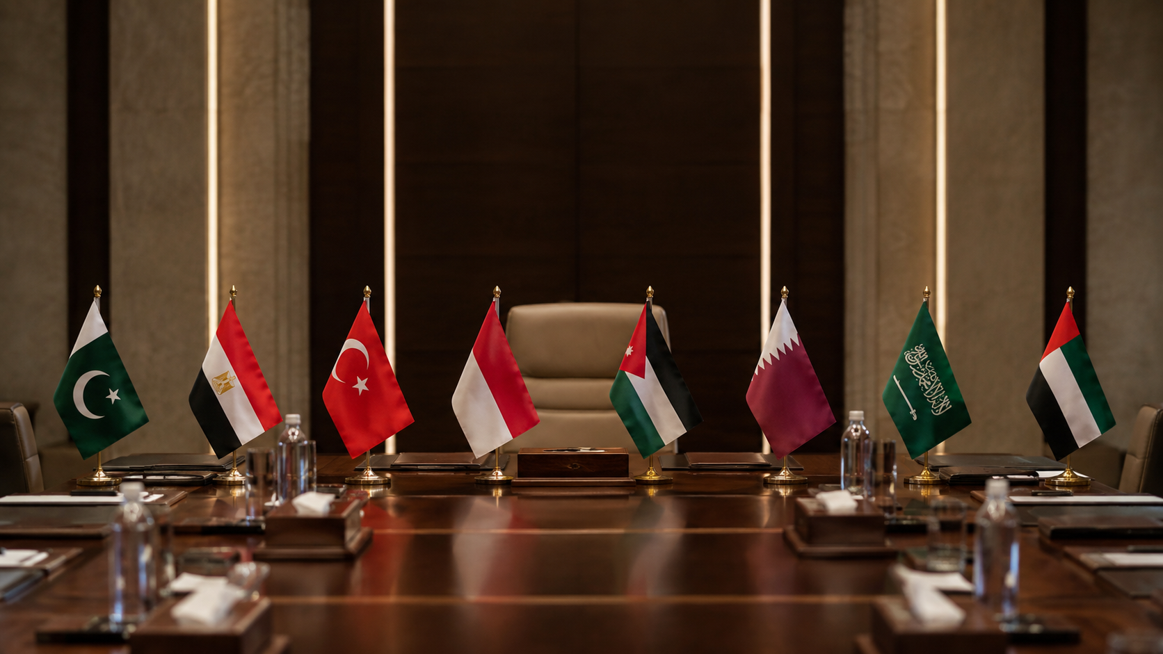 Flags of eight Arab and Muslim countries arranged around a diplomatic conference table