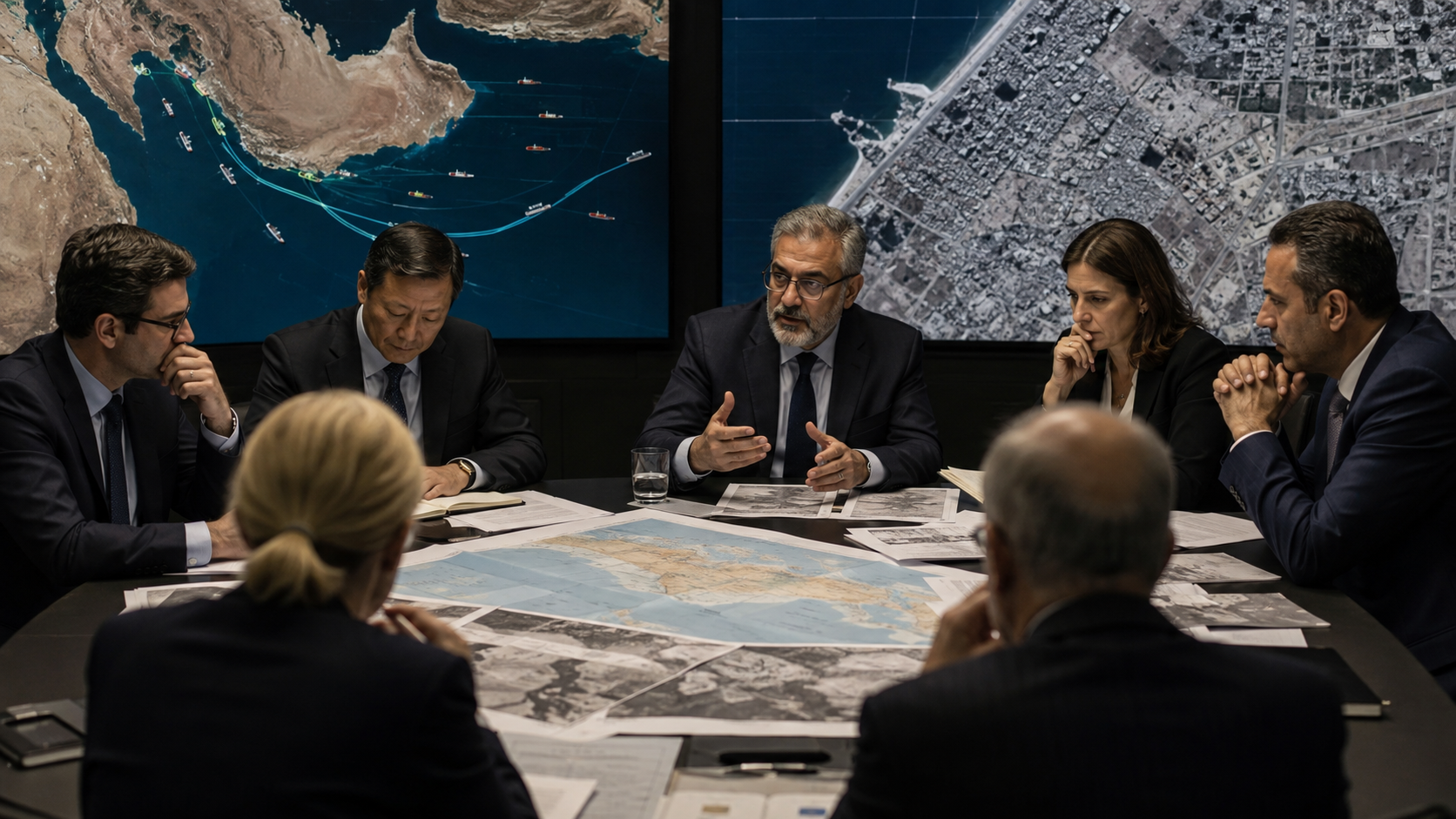 Diplomats review Strait of Hormuz shipping and Gaza ceasefire maps in a crisis room